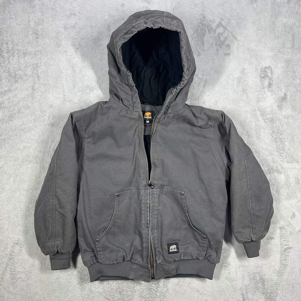 Berne Hooded Work Jacket Youth Kids Size M 10-12 Gray Canvas Quilted Insulated